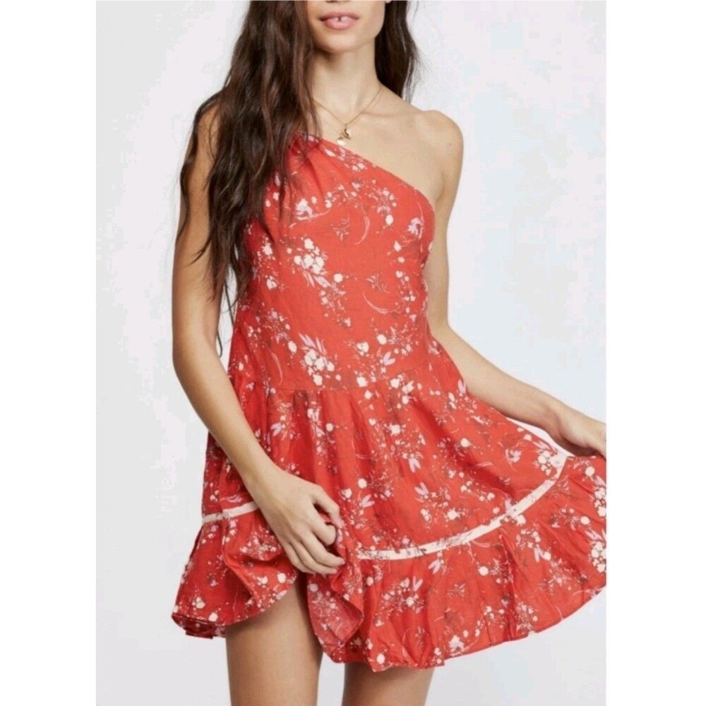 Free People All Mine Off The Shoulder Mini Linen Dress Red Floral Size Large